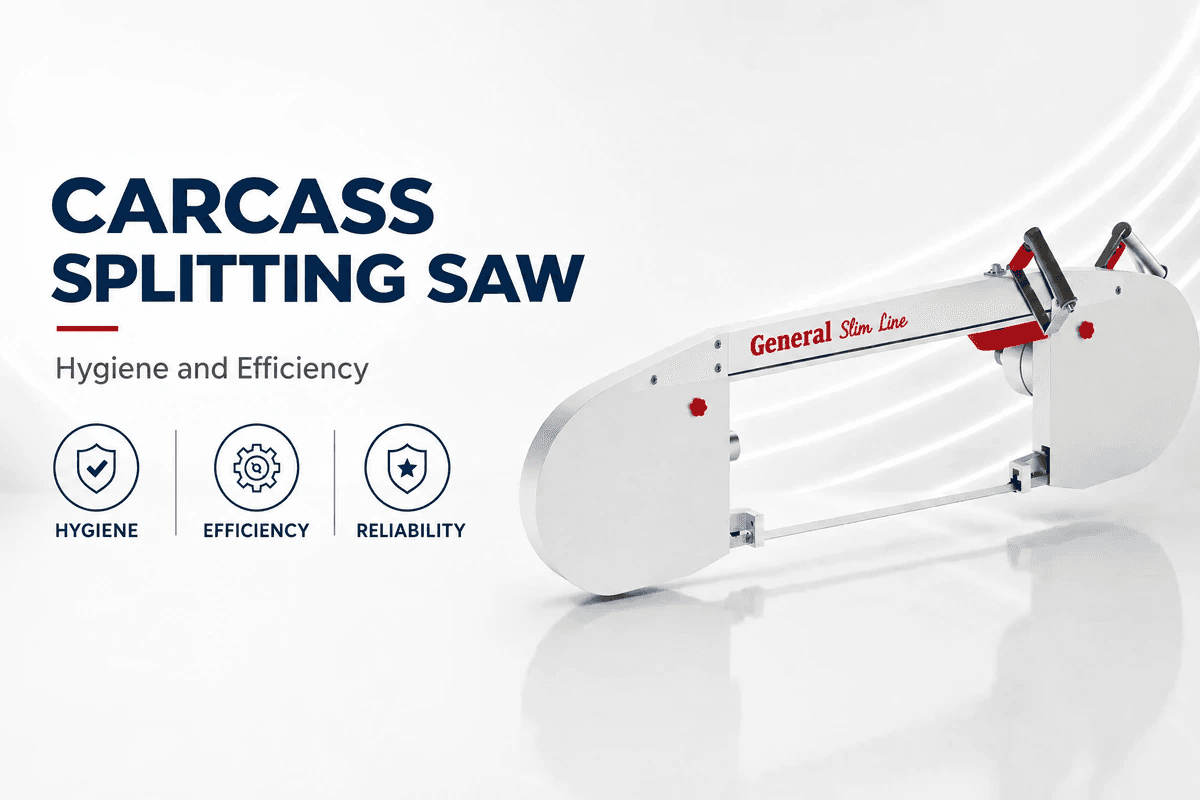 Illustration of a Slim Line carcass splitting saw with a slim white body and red handle accents
