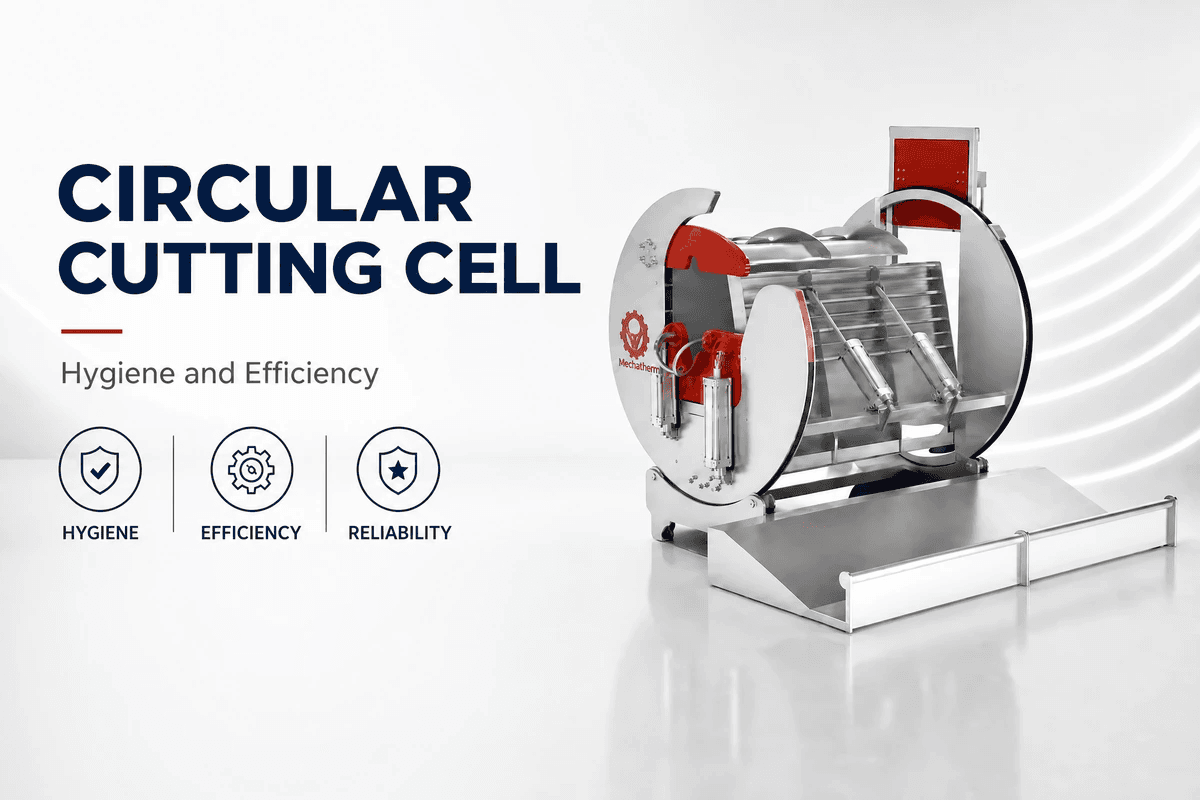 Illustration of a circular stunning box with round side plates, pneumatic cylinders and a red gate