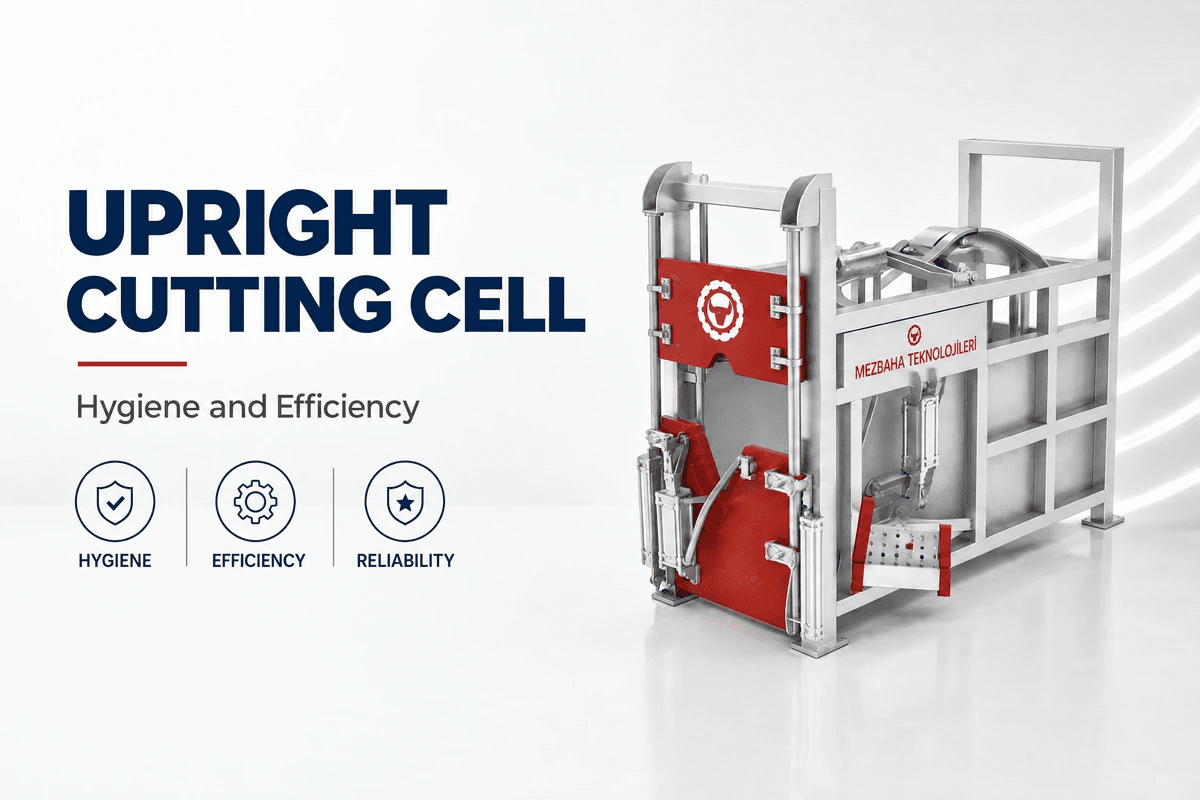 Illustration of an upright cattle stunning box with a stainless steel frame, red gate panels and pneumatic cylinders
