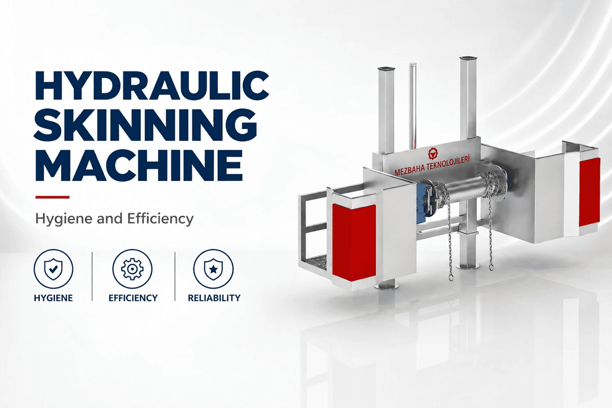 Illustration of the hydraulic skinning machine: a stainless steel frame with a central drum and chains between two red-padded platforms