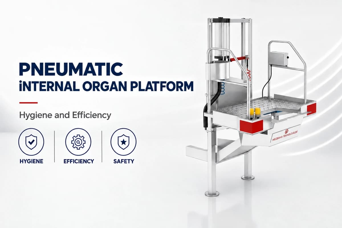 Illustration of a pneumatic platform with a height-adjustable work deck, handrails, a control box and red side panels